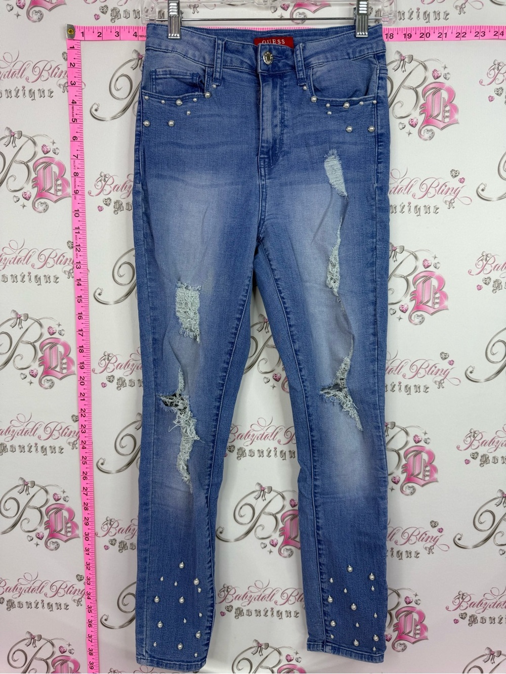 Guess pearl jeans Distressed Blue Jeans with Stud Accents